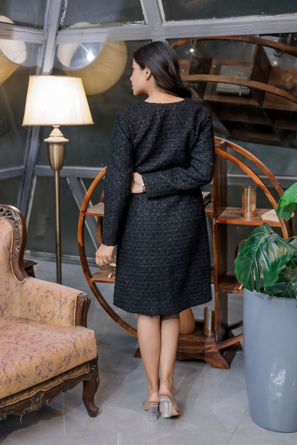 Black fabric tweed dress with square neck ESWDR0026-BLKSQ