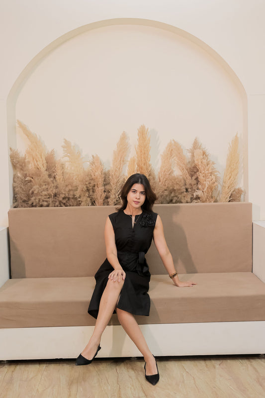 Black linen dress with flower detailing EWDR0011-BLKLN