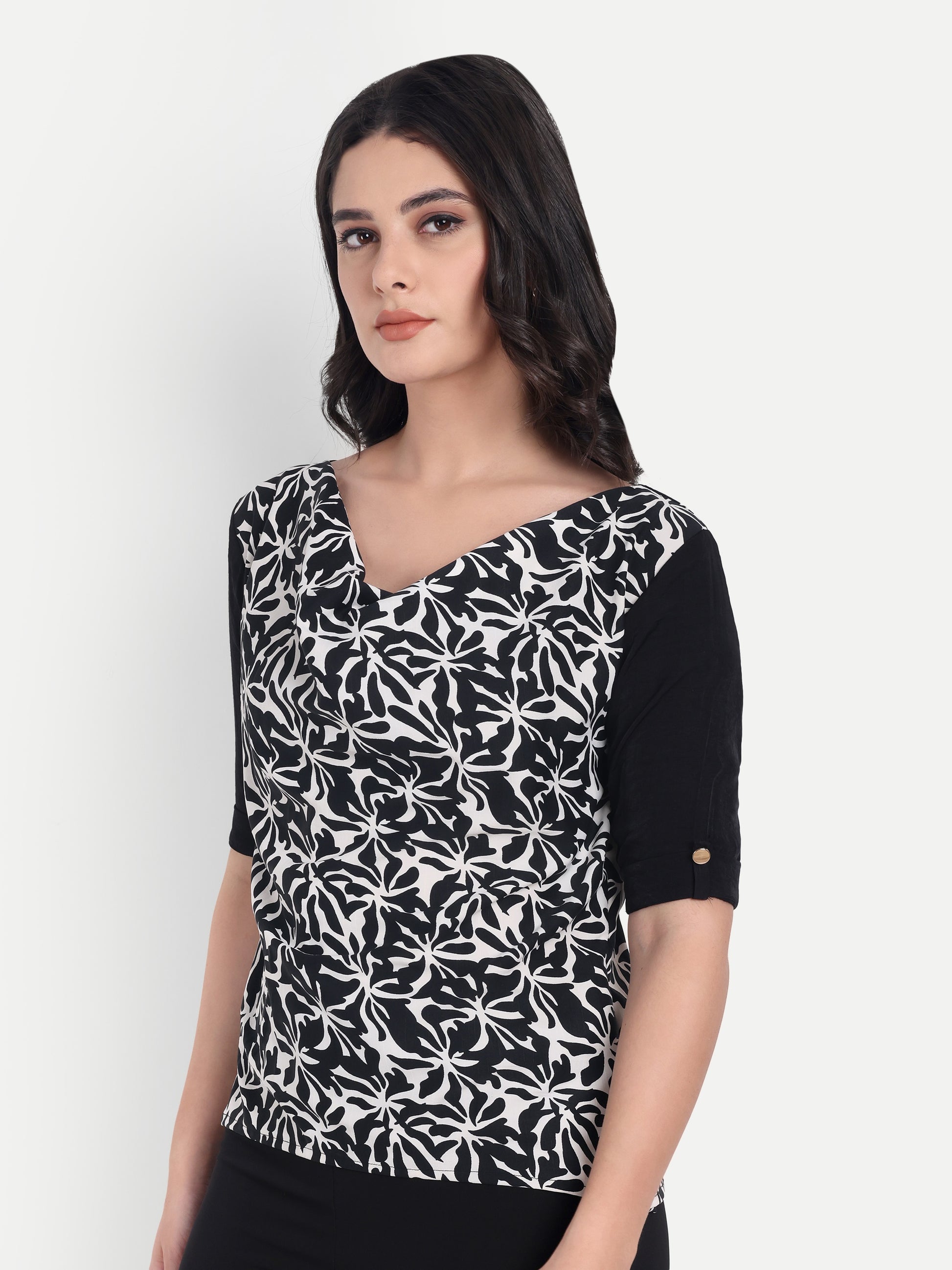Black printed cowl neck top with black quarter sleeves - esseneur.