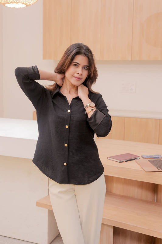 Black linen shirt with gold buttons-Esseneur