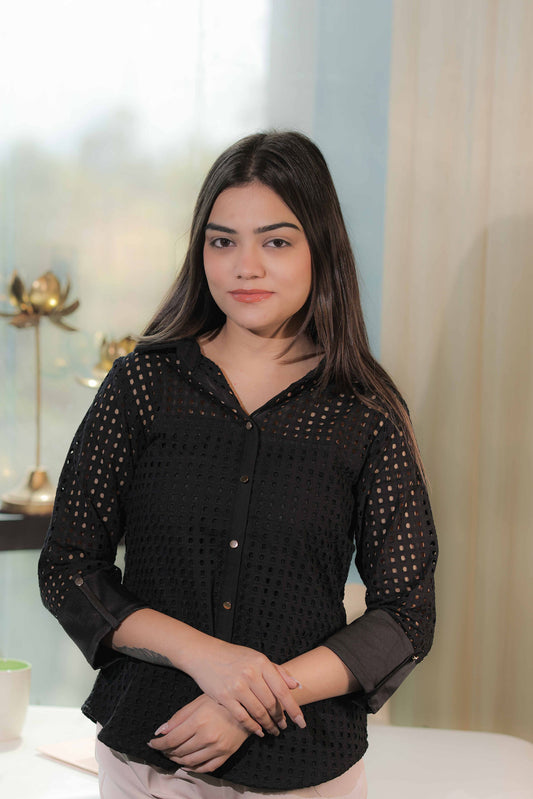 Black Cotton Shirt with square cut fabric and gold buttons-esseneur