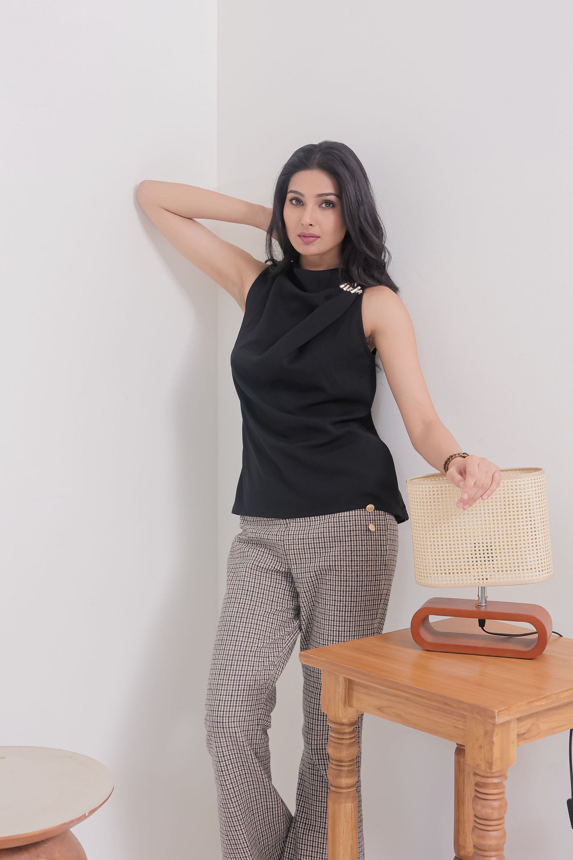 Black sleeveless top with gold applique on shoulder - esseneur.