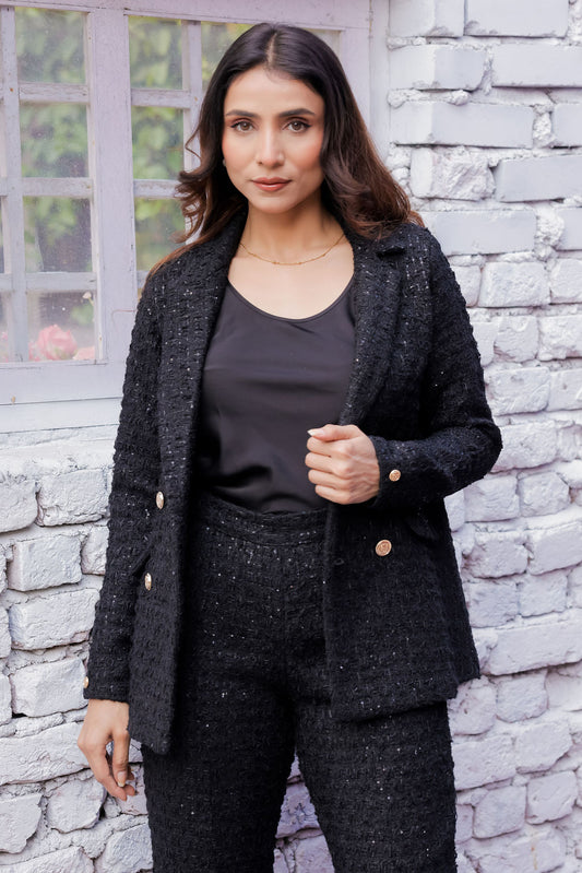 Black tweed fabric coat with gold buttons detailing & Pants Co ord set EWCO0043-BLKPT