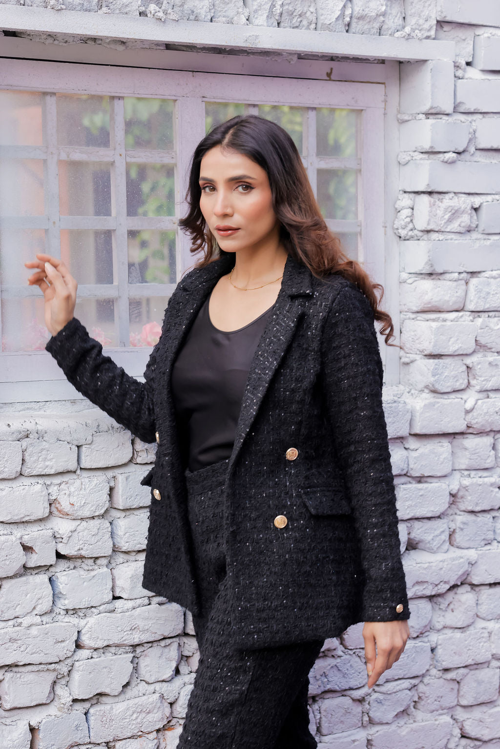 Black tweed fabric coat with gold buttons detailing EWCT0018-BLKGB