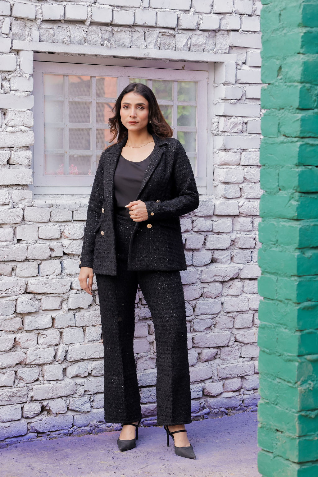 Black tweed fabric coat with gold buttons detailing & Pants Co ord set EWCO0043-BLKPT