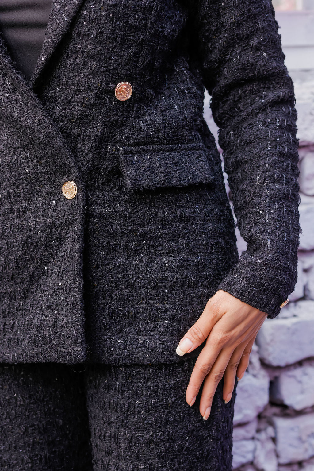 Black tweed fabric coat with gold buttons detailing EWCT0018-BLKGB