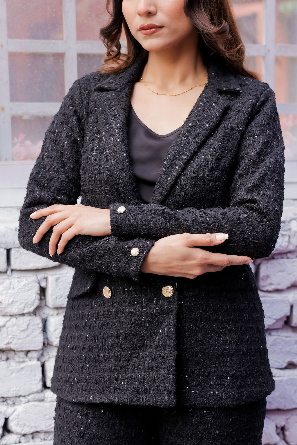 Black tweed fabric coat with gold buttons detailing EWCT0018-BLKGB