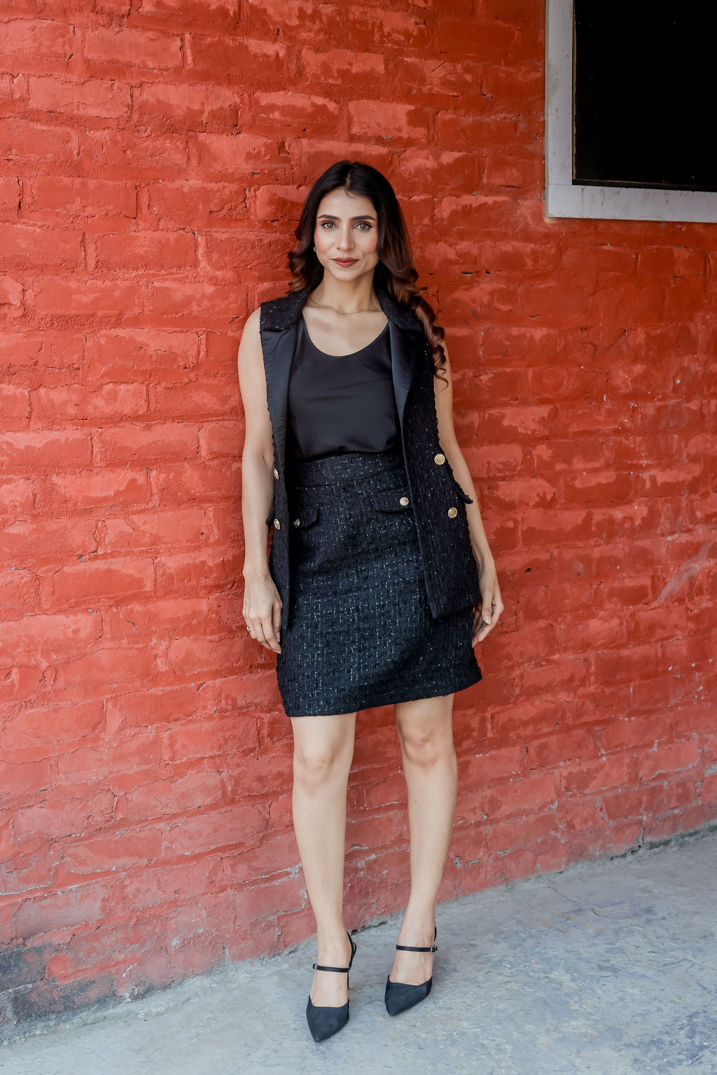 Black tweed knee length skirt ESWSK0012-BLKGB