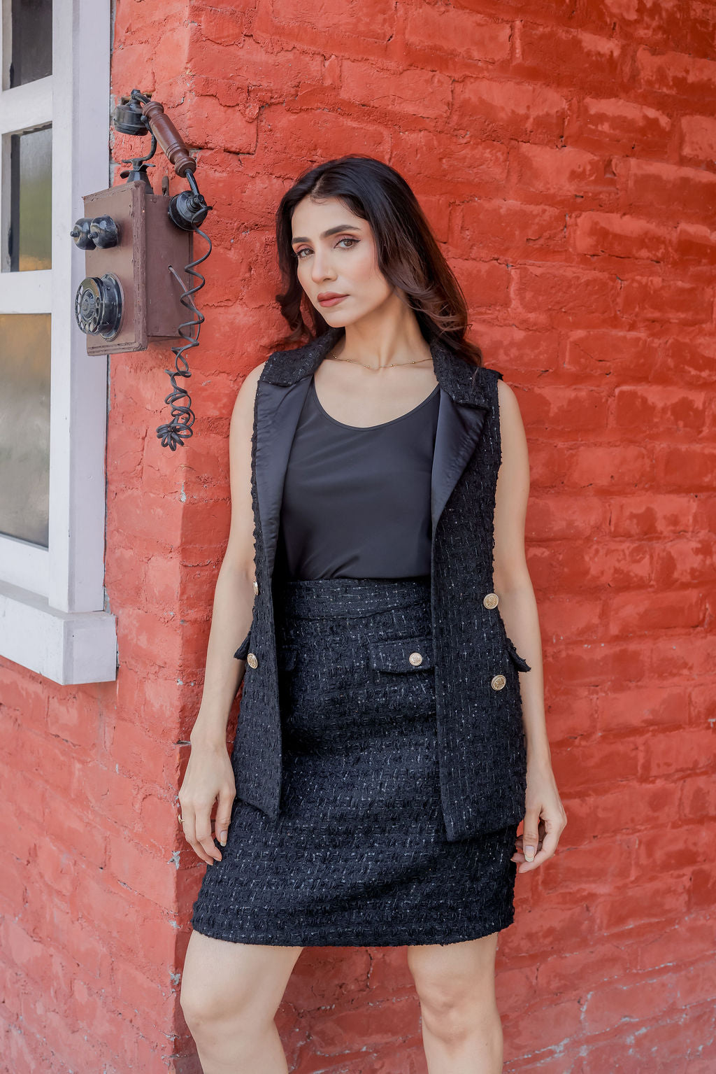 Black tweed knee length skirt ESWSK0012-BLKGB