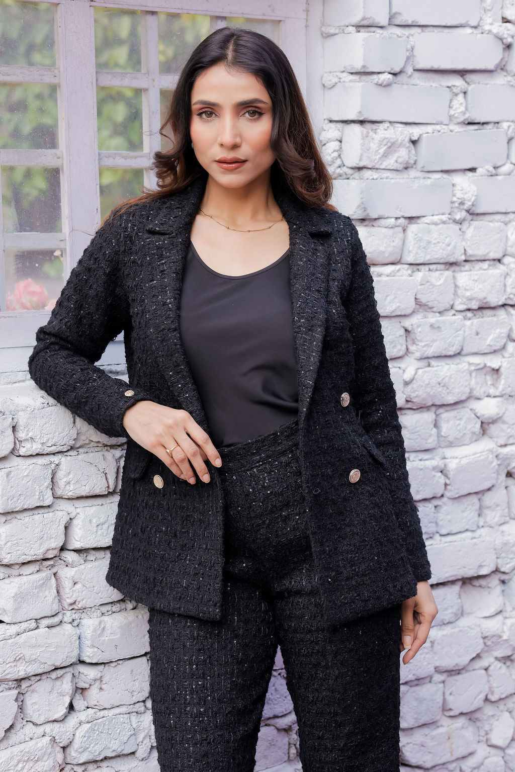 Black tweed pants with gold buttons detailing  ESWPA0027-BLKGB