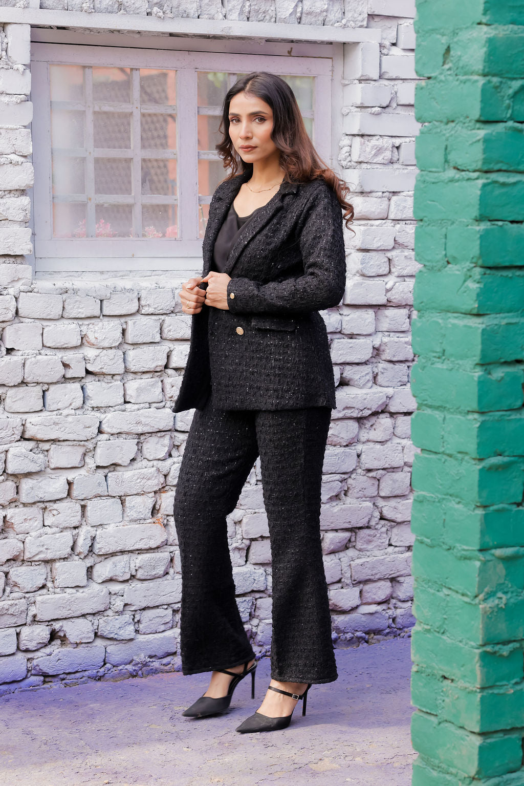 Black tweed pants with gold buttons detailing  ESWPA0027-BLKGB