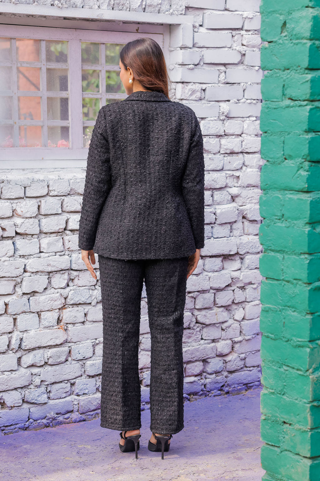 Black tweed pants with gold buttons detailing  ESWPA0027-BLKGB