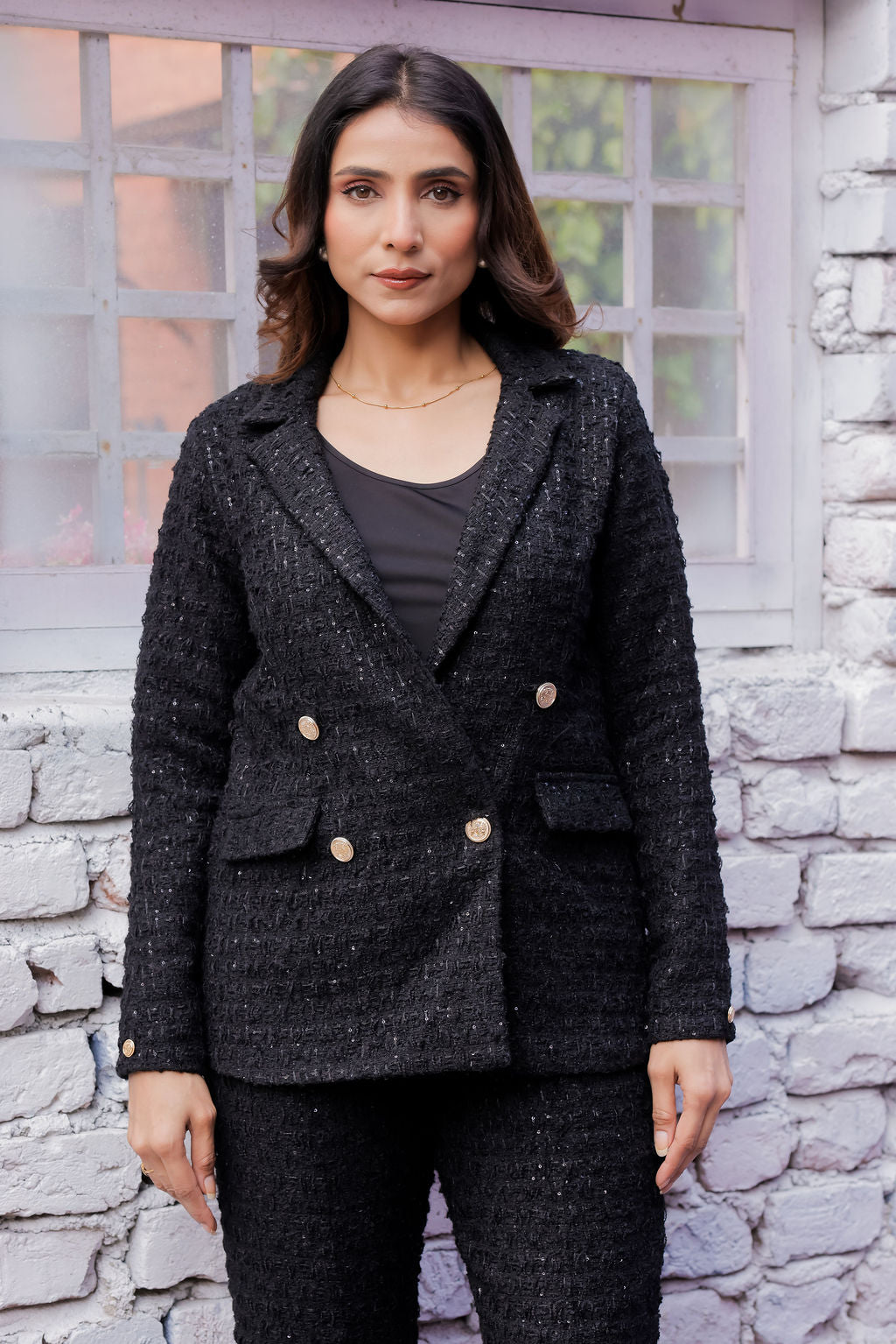 Black tweed pants with gold buttons detailing  ESWPA0027-BLKGB