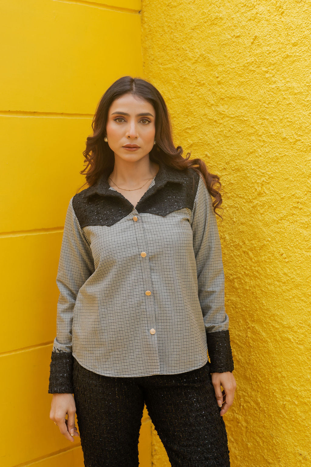 Black tweed shirt with houndstooth fabric ESWSH0022-BLKGB