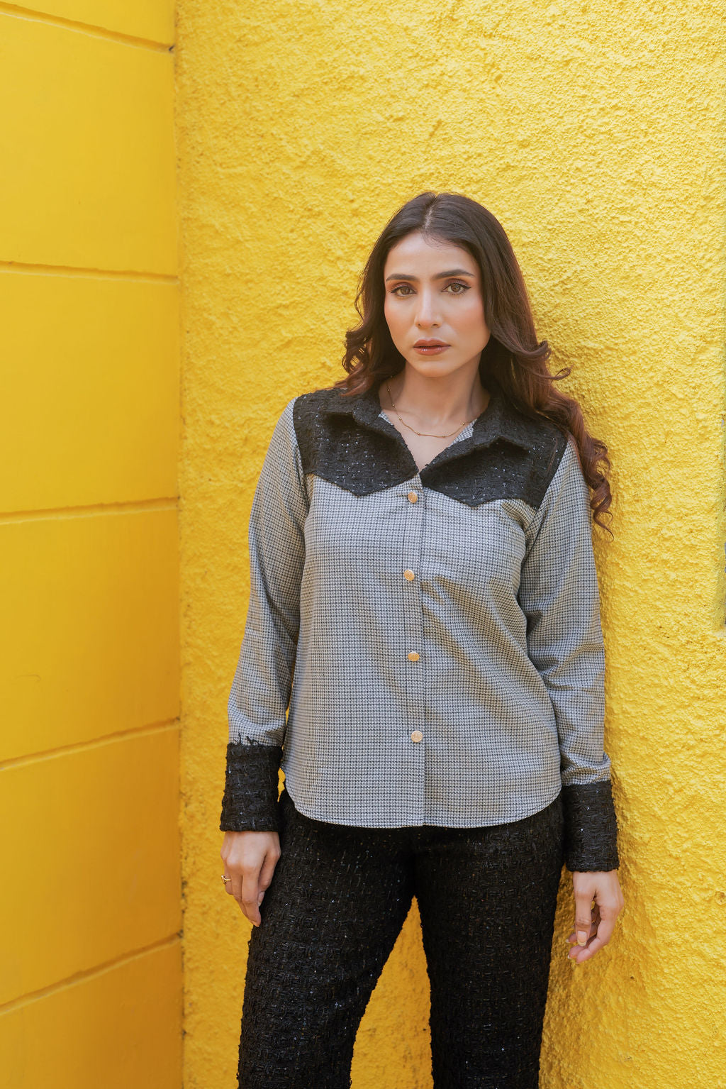 Black tweed shirt with houndstooth fabric ESWSH0022-BLKGB