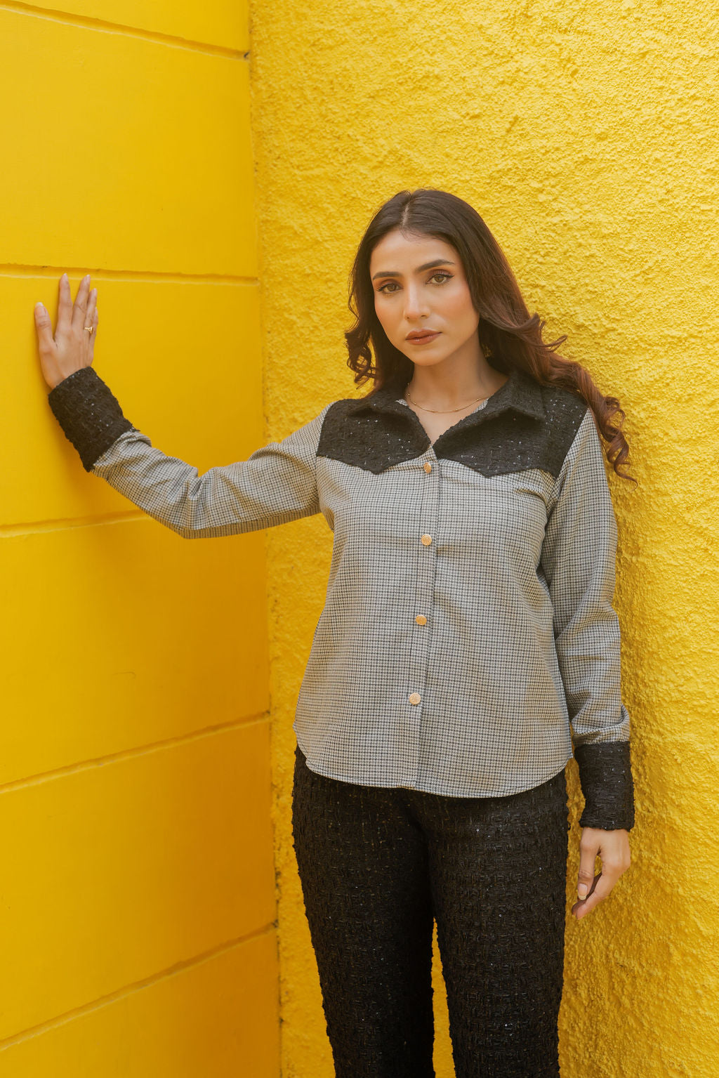 Black tweed shirt with houndstooth fabric ESWSH0022-BLKGB