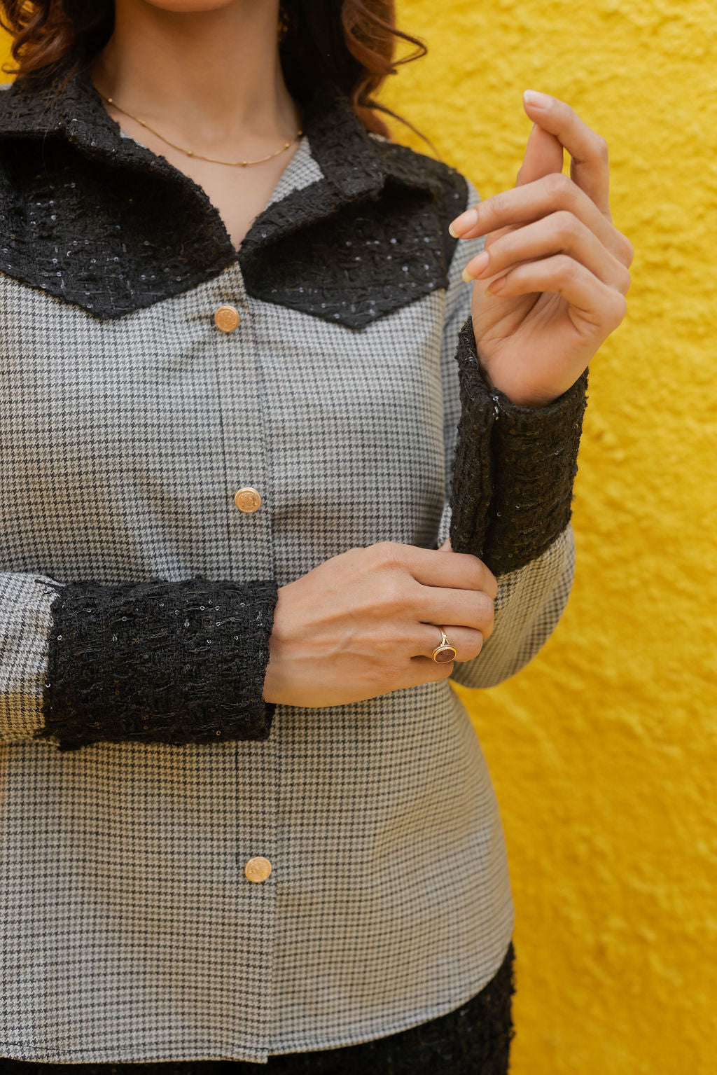 Black tweed shirt with houndstooth fabric ESWSH0022-BLKGB