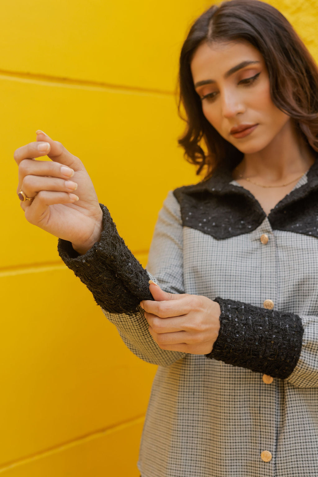 Black tweed shirt with houndstooth fabric ESWSH0022-BLKGB