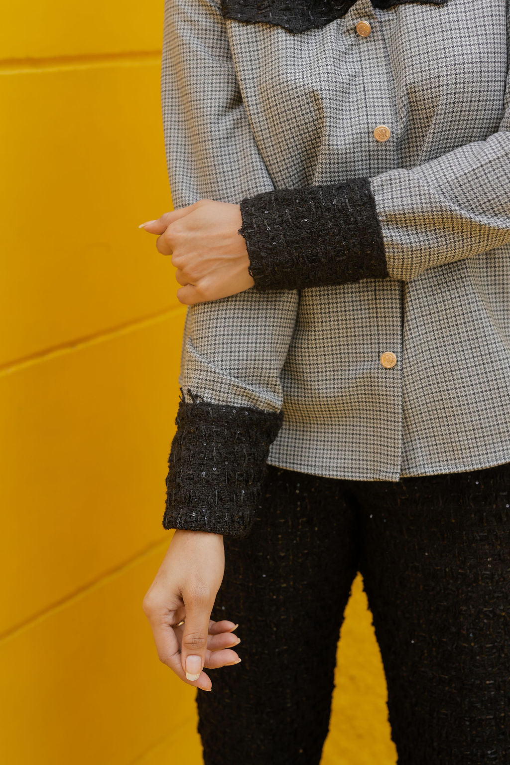 Black tweed houndstooth shirt with pants with gold buttons detailing Co Ord Set ESWSH0022-BLKGB