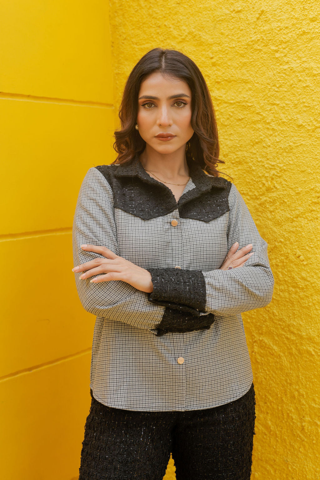 Black tweed shirt with houndstooth fabric ESWSH0022-BLKGB