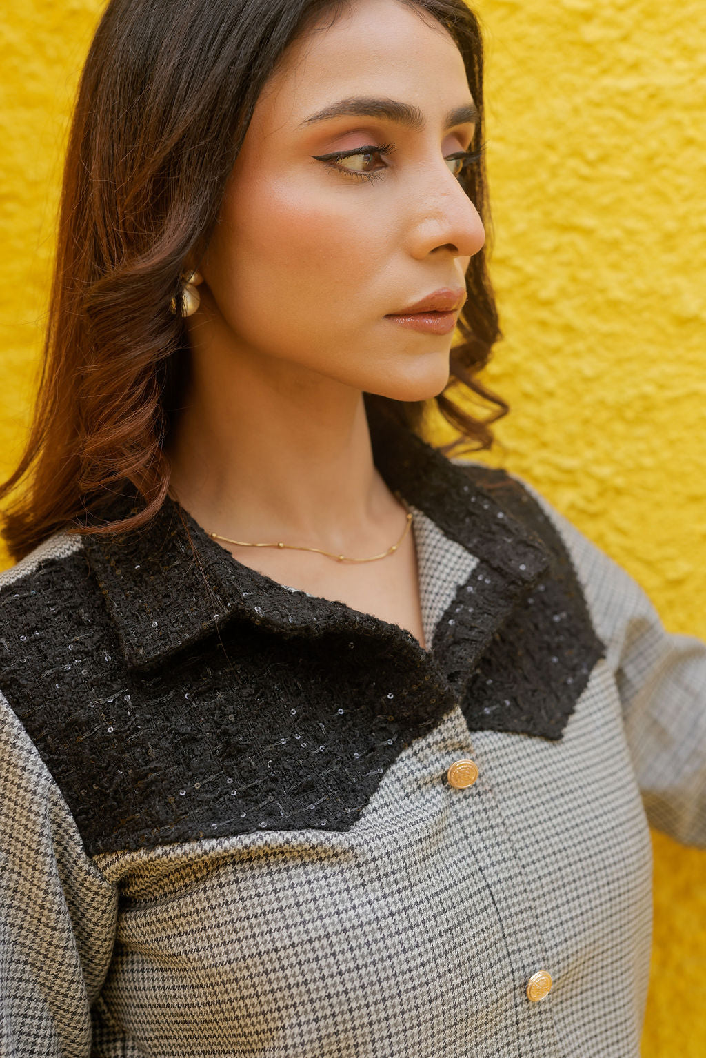 Black tweed houndstooth shirt with pants with gold buttons detailing Co Ord Set ESWSH0022-BLKGB