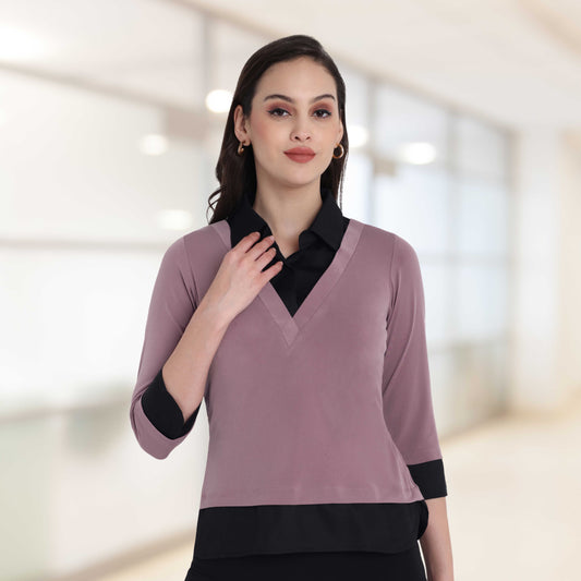 Black and mauve shirt style two fabric vest style top with quarter sleeves - esseneur.