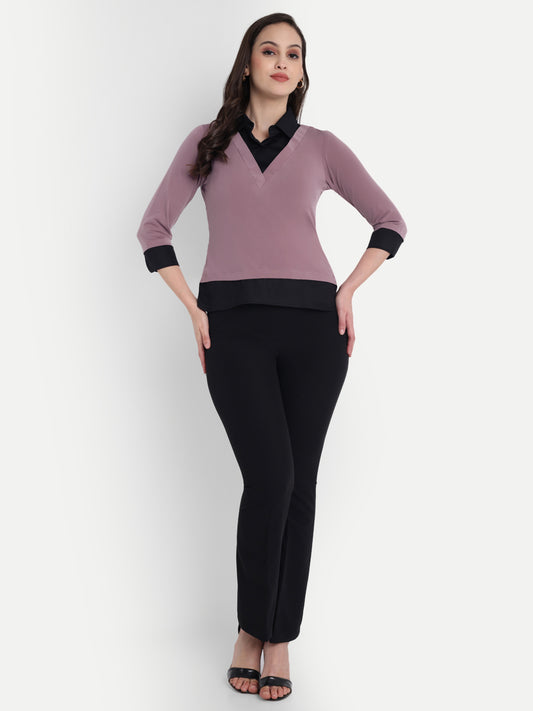 Black and mauve shirt style two fabric vest style top with quarter sleeves - esseneur.