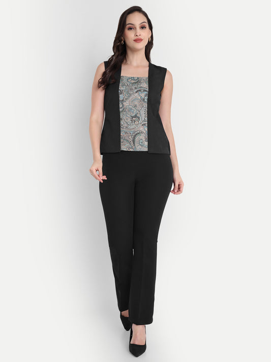 grey printed and solid two fabric sleeveles top - esseneur.
