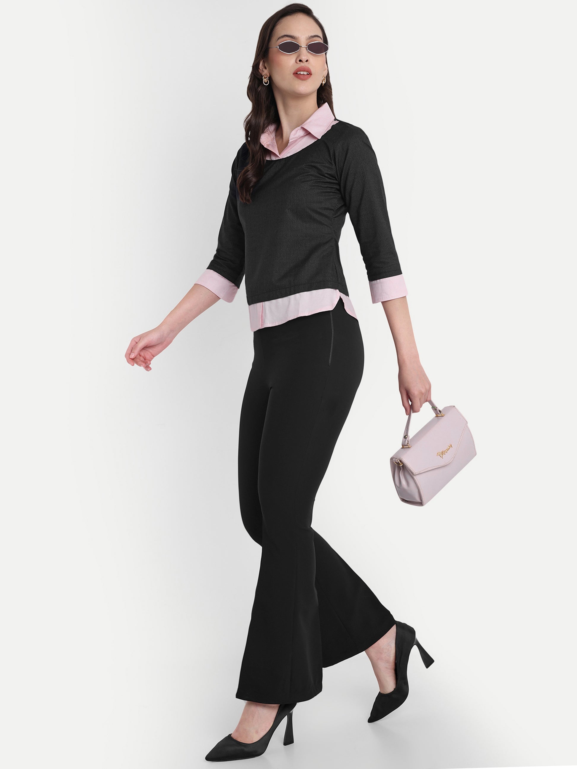 Pink shirt top with black striped fabric top - esseneur.