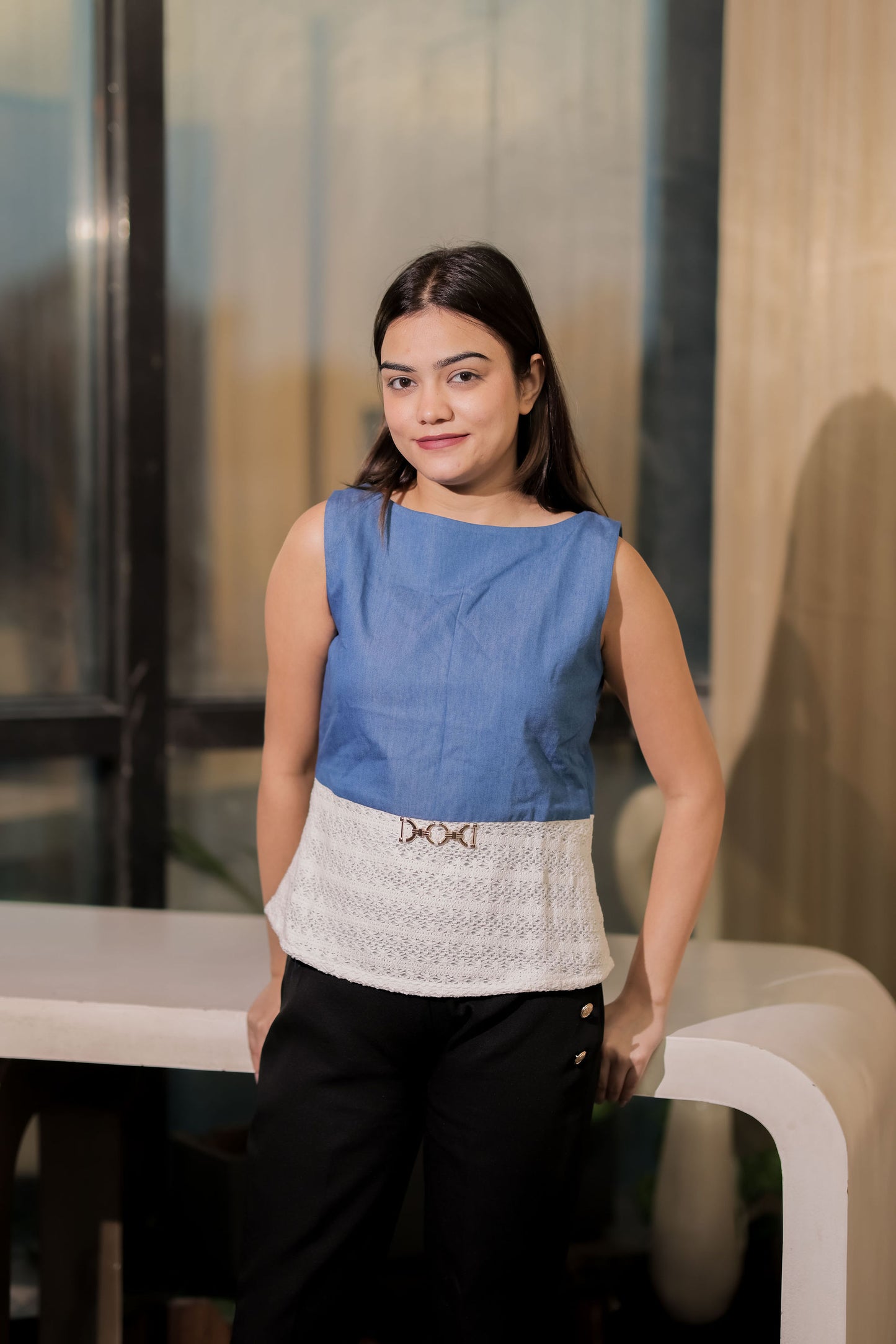 Blue denim and white crotia  sleeveless top with gold buckle WTP0032-BLUTC