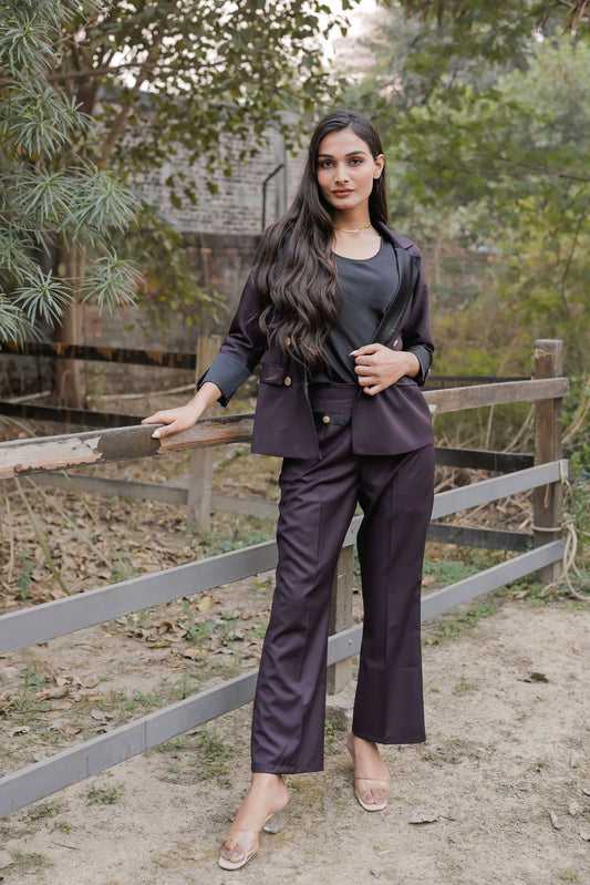 Blue purple check coat with gold buttons detailing & Pants Co ord set EWCO0044-BLUPT