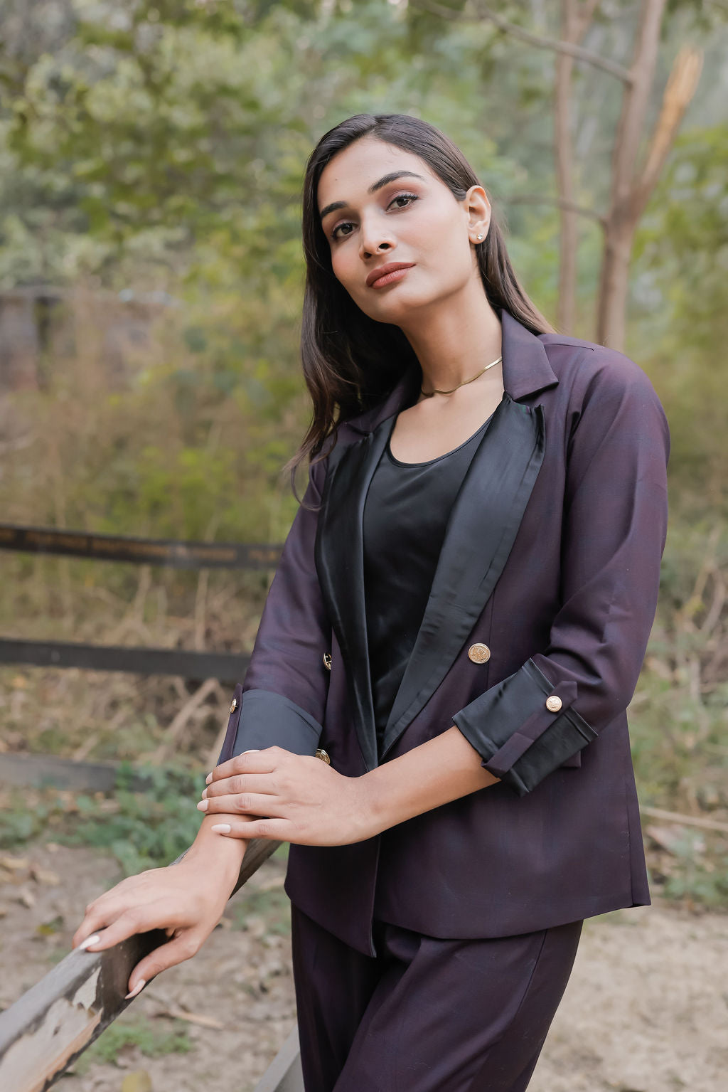 Blue purple check coat with gold buttons detailing & Pants Co ord set EWCO0044-BLUPT