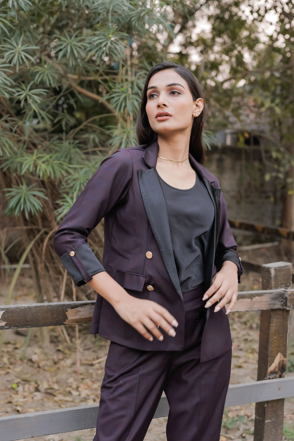 Blue purple check coat with gold buttons detailing & Pants Co ord set EWCO0044-BLUPT