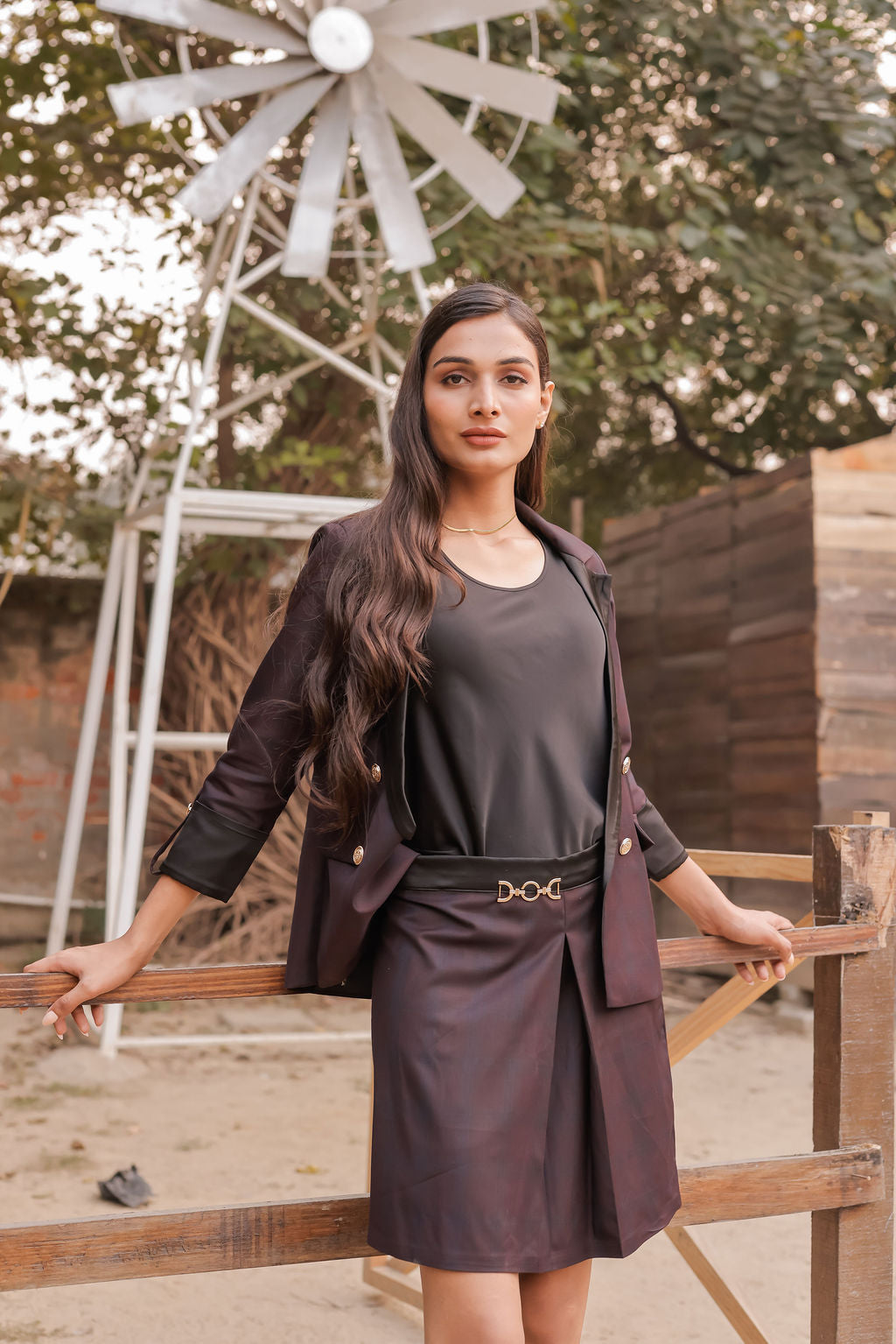 Blue purple check coat with gold buttons detailing EWCT0019-BLUGB