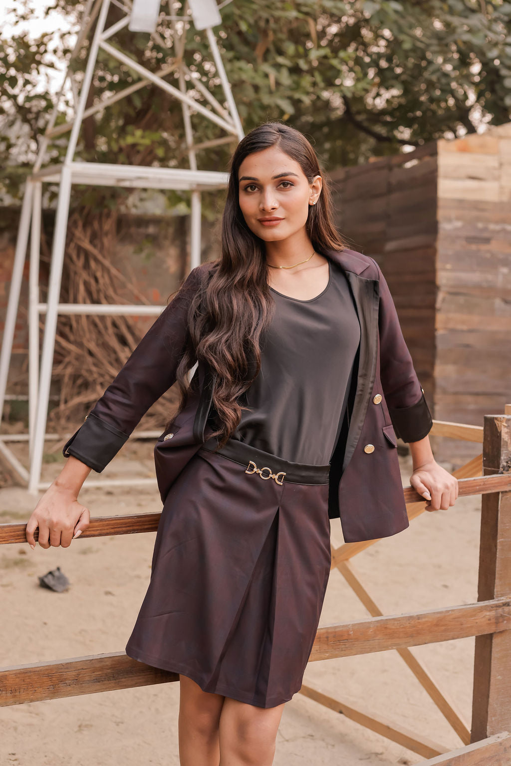 Blue purple check coat with gold buttons detailing EWCT0019-BLUGB