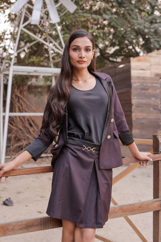 Blue purple check coat with gold buttons detailing & Skirt Co ord set EWCO0044-BLUSK