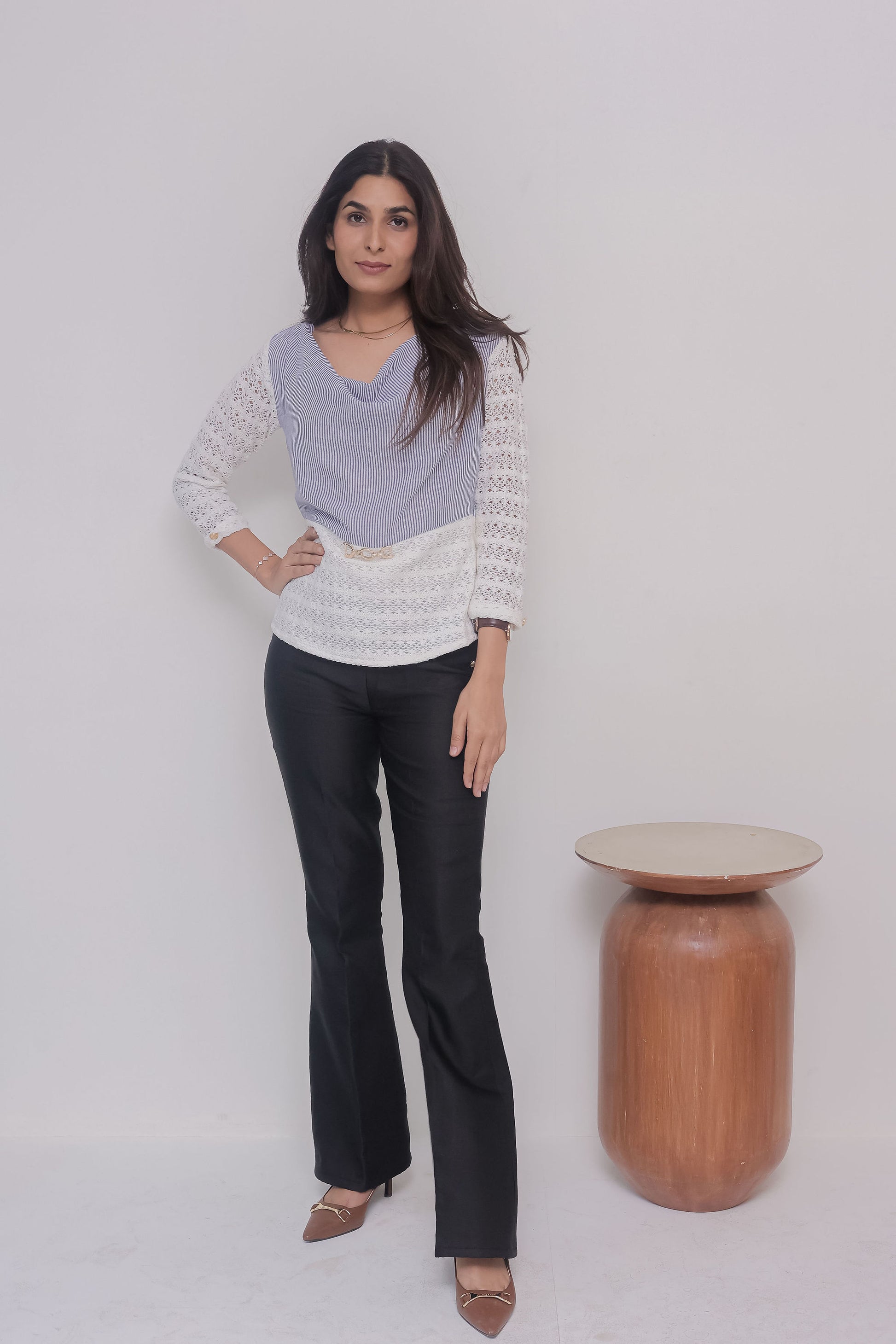 Blue stripe cowl neck with gold applique and crotia sleeves- esseneur.