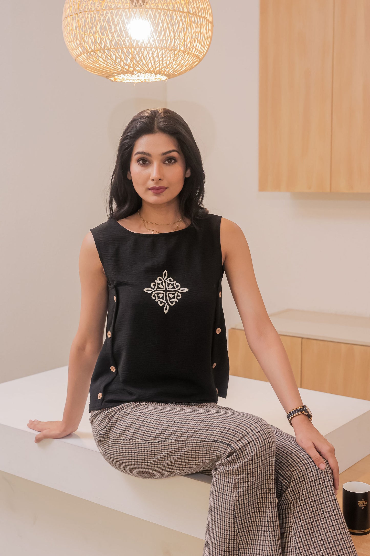 Black wooden buttons and embroidered top EWTP0048-BLKBT