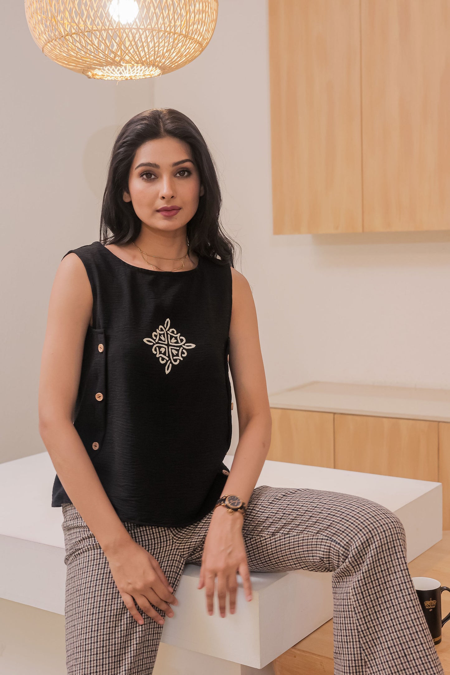 Black wooden buttons and embroidered top EWTP0048-BLKBT