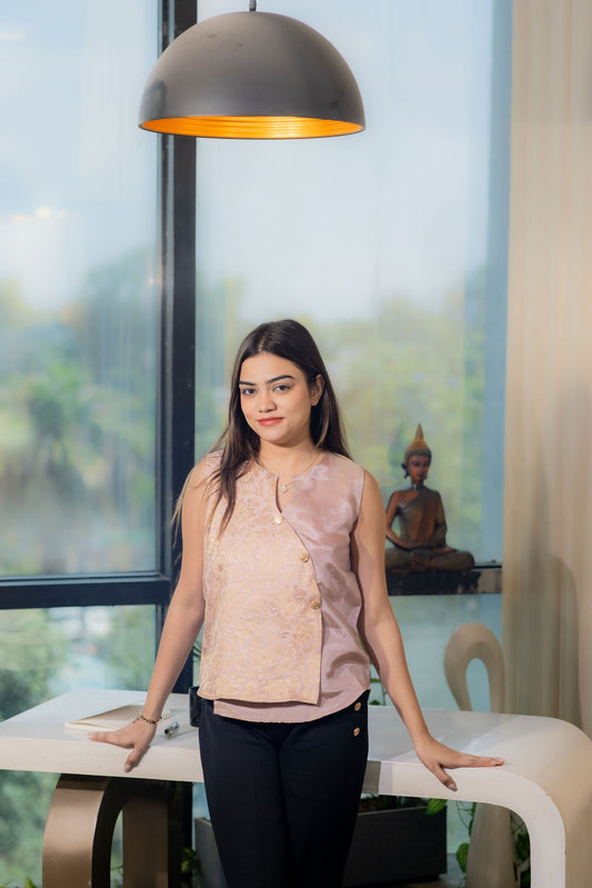 Brocade Pink coordset with gold buttons and black pants-esseneur