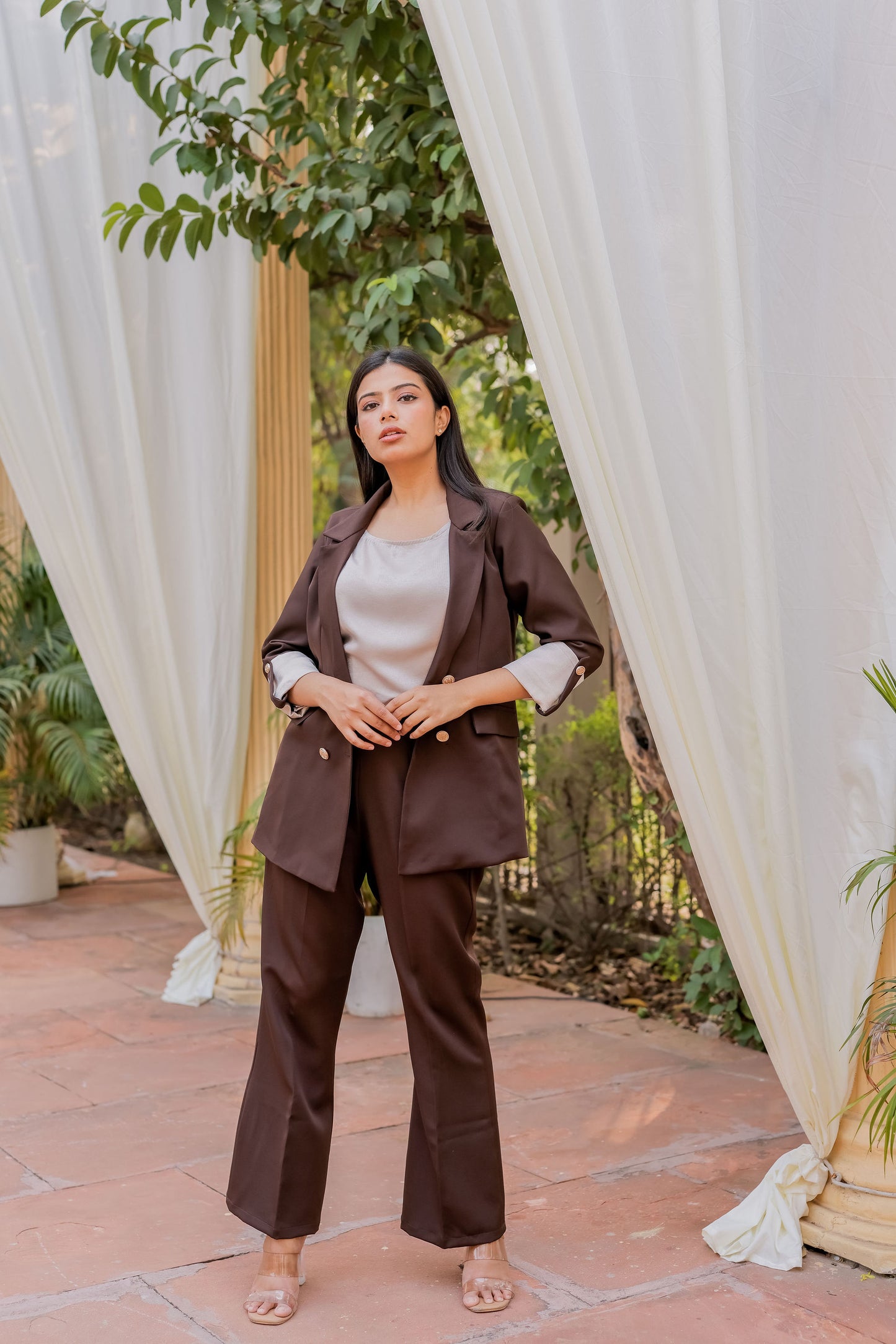 Brown Crepe coat with Cream Satin Detailing on Cuffs and gold butoons EWCT0003-BRNGB