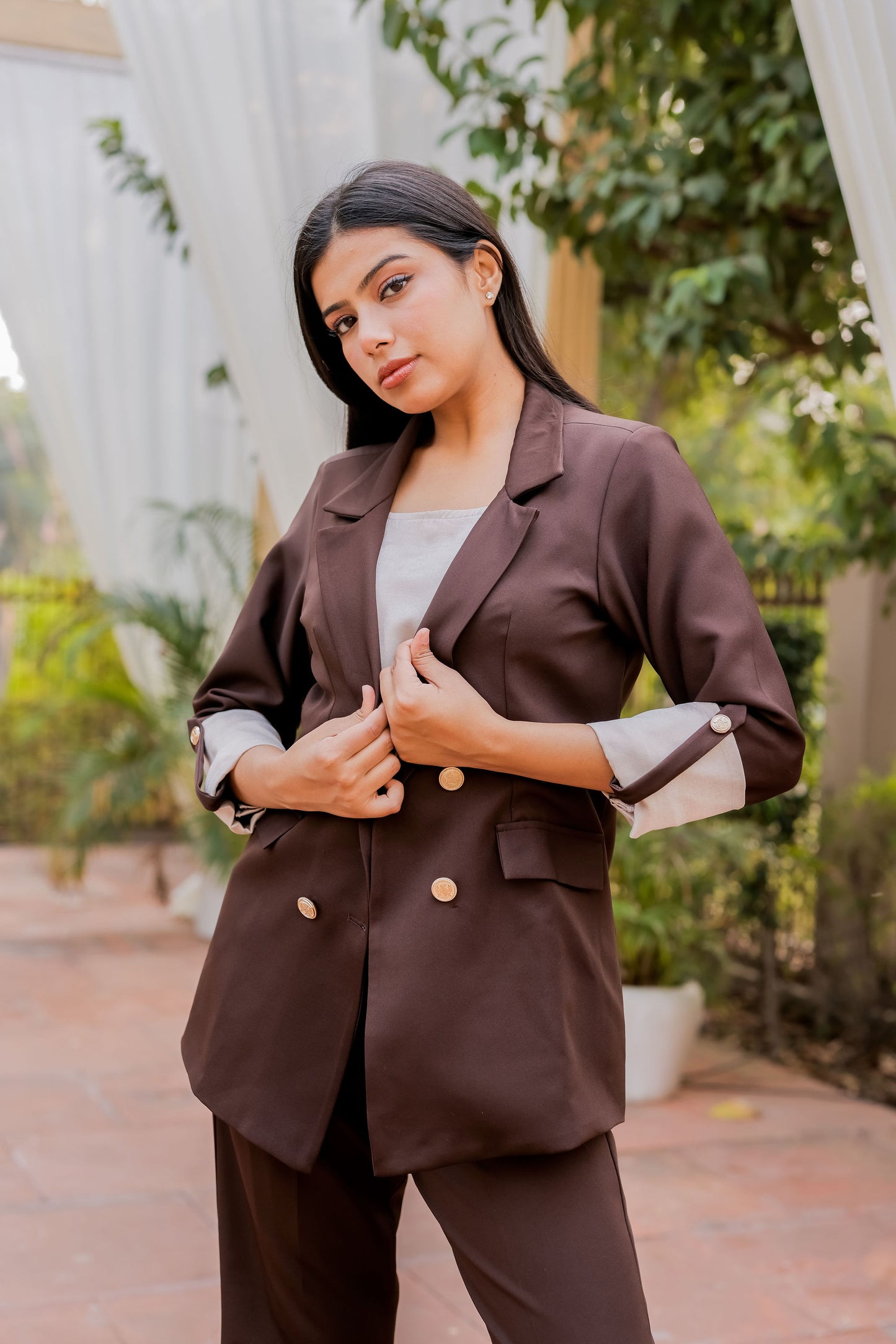 Brown Crepe coat & Pants Co ord set  with Cream Satin Detailing on Cuffs and gold butoons EWCO0028-BRNPT