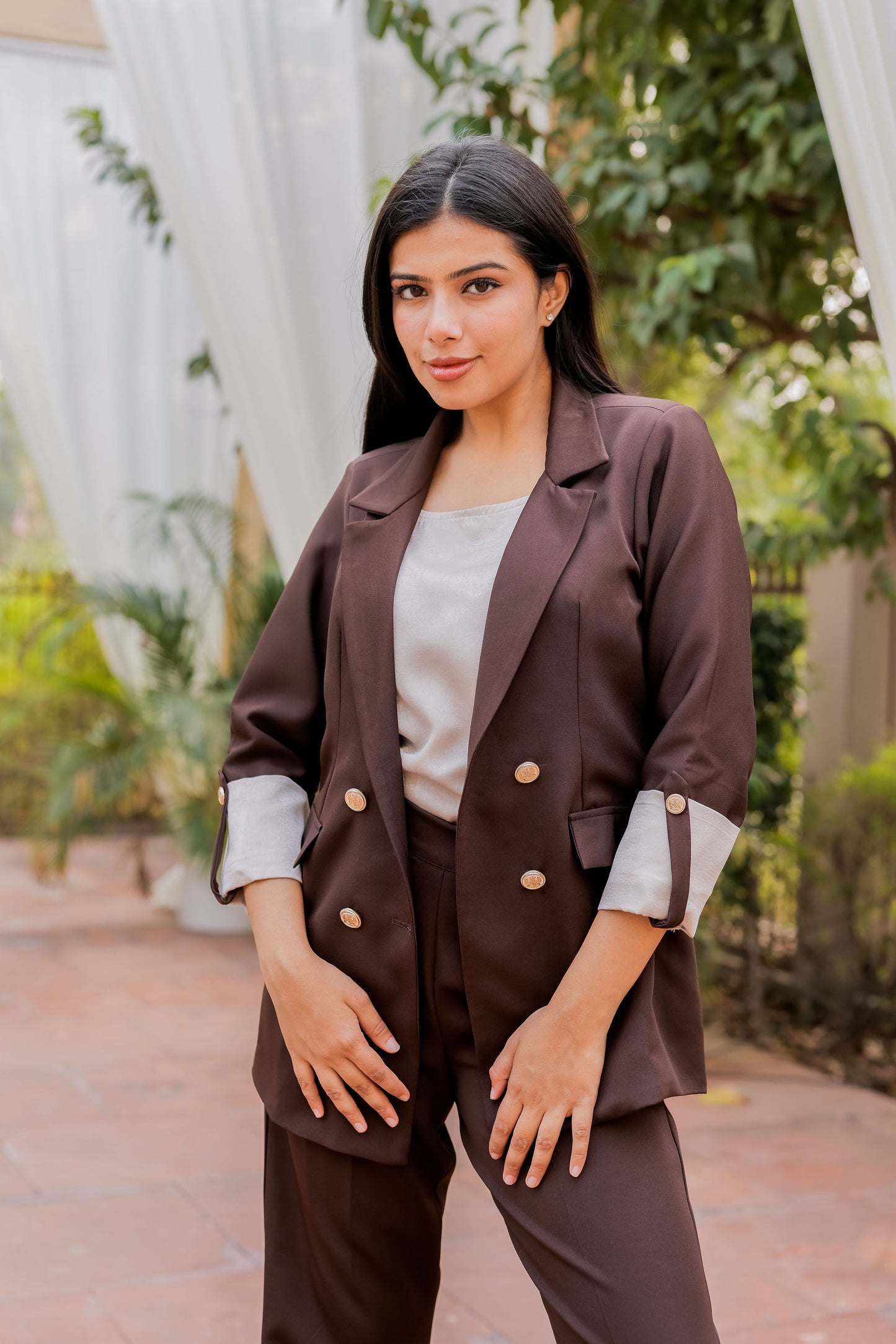 Brown Crepe coat with Cream Satin Detailing on Cuffs and gold butoons EWCT0003-BRNGB