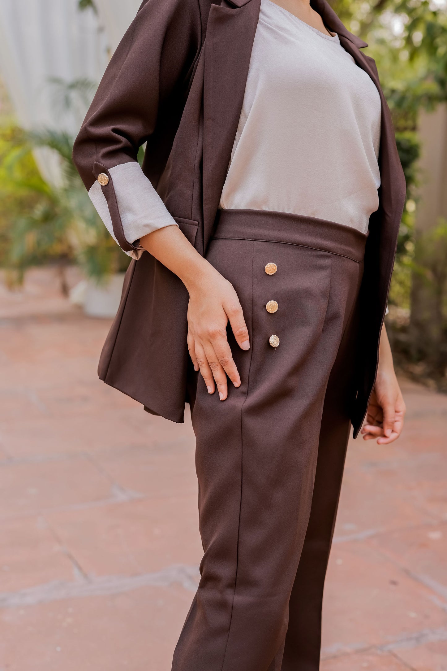 Brown Crepe coat & Pants Co ord set  with Cream Satin Detailing on Cuffs and gold butoons EWCO0028-BRNPT