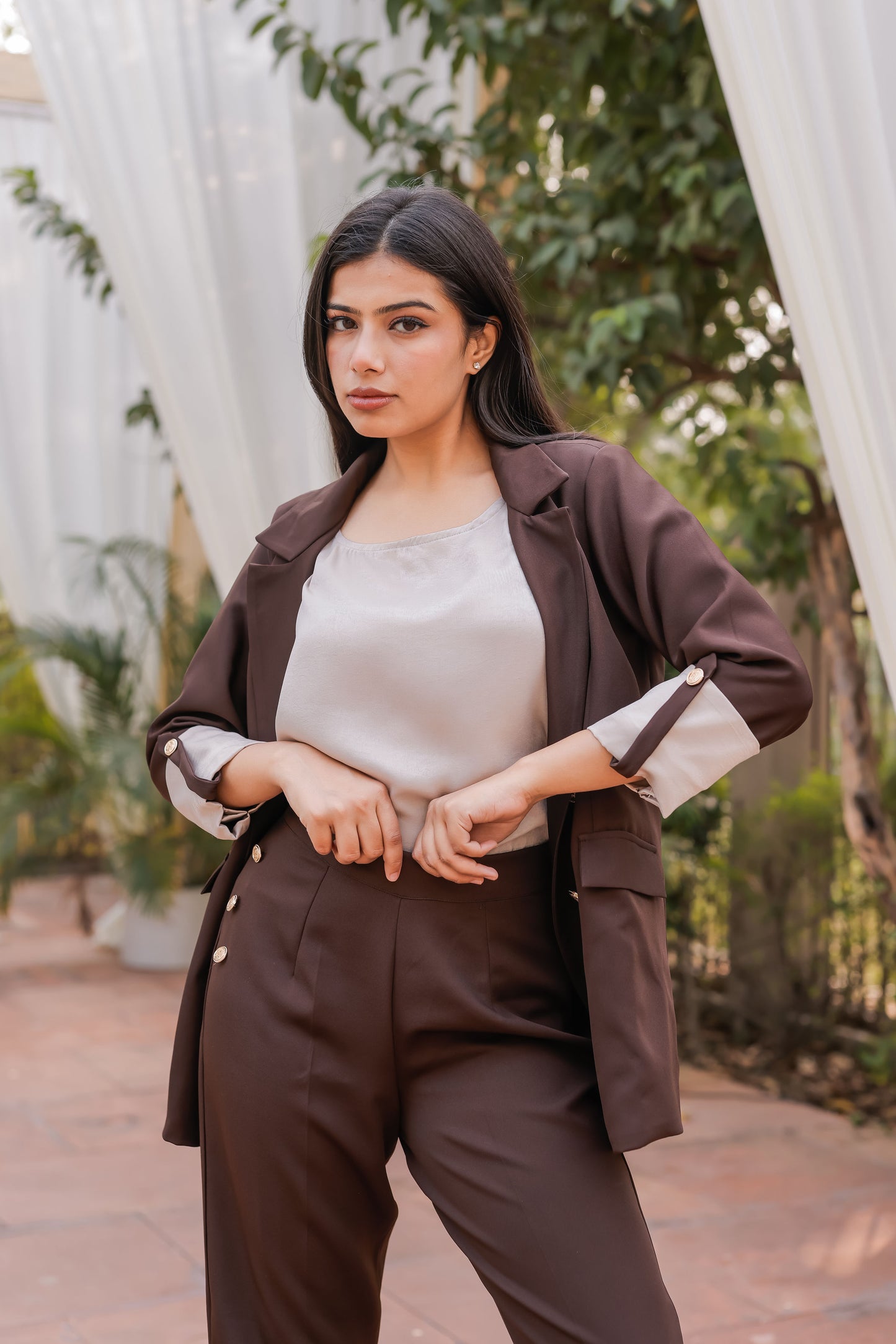 Brown Crepe coat with Cream Satin Detailing on Cuffs and gold butoons EWCT0003-BRNGB