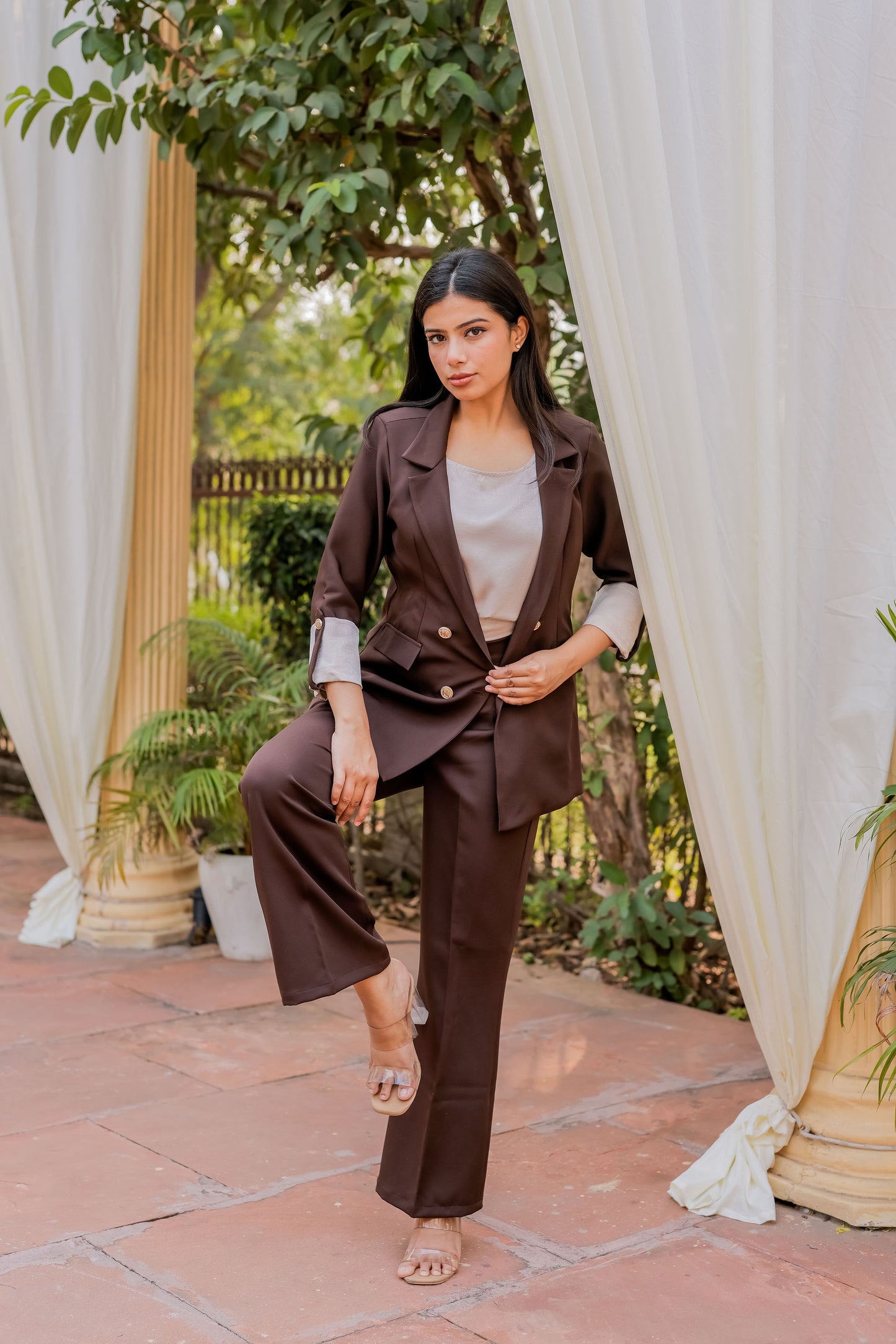 Brown Crepe coat with Cream Satin Detailing on Cuffs and gold butoons EWCT0003-BRNGB