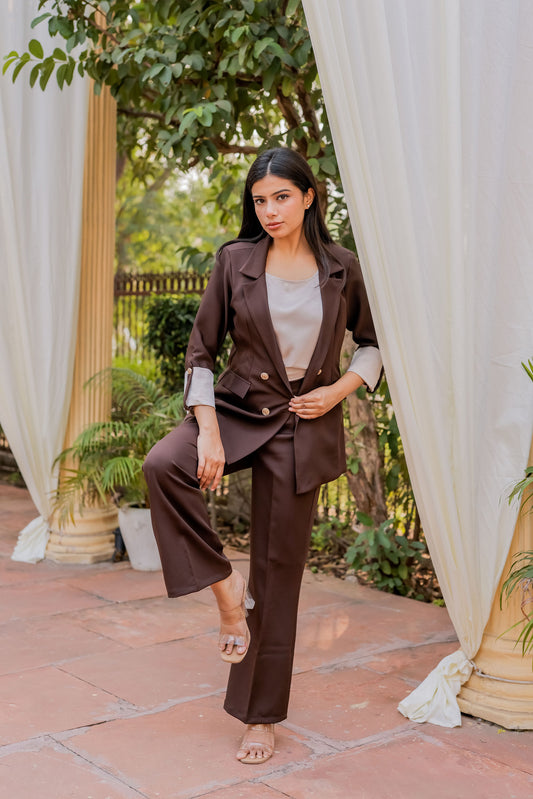 Brown Crepe coat & Pants Co ord set  with Cream Satin Detailing on Cuffs and gold butoons EWCO0028-BRNPT