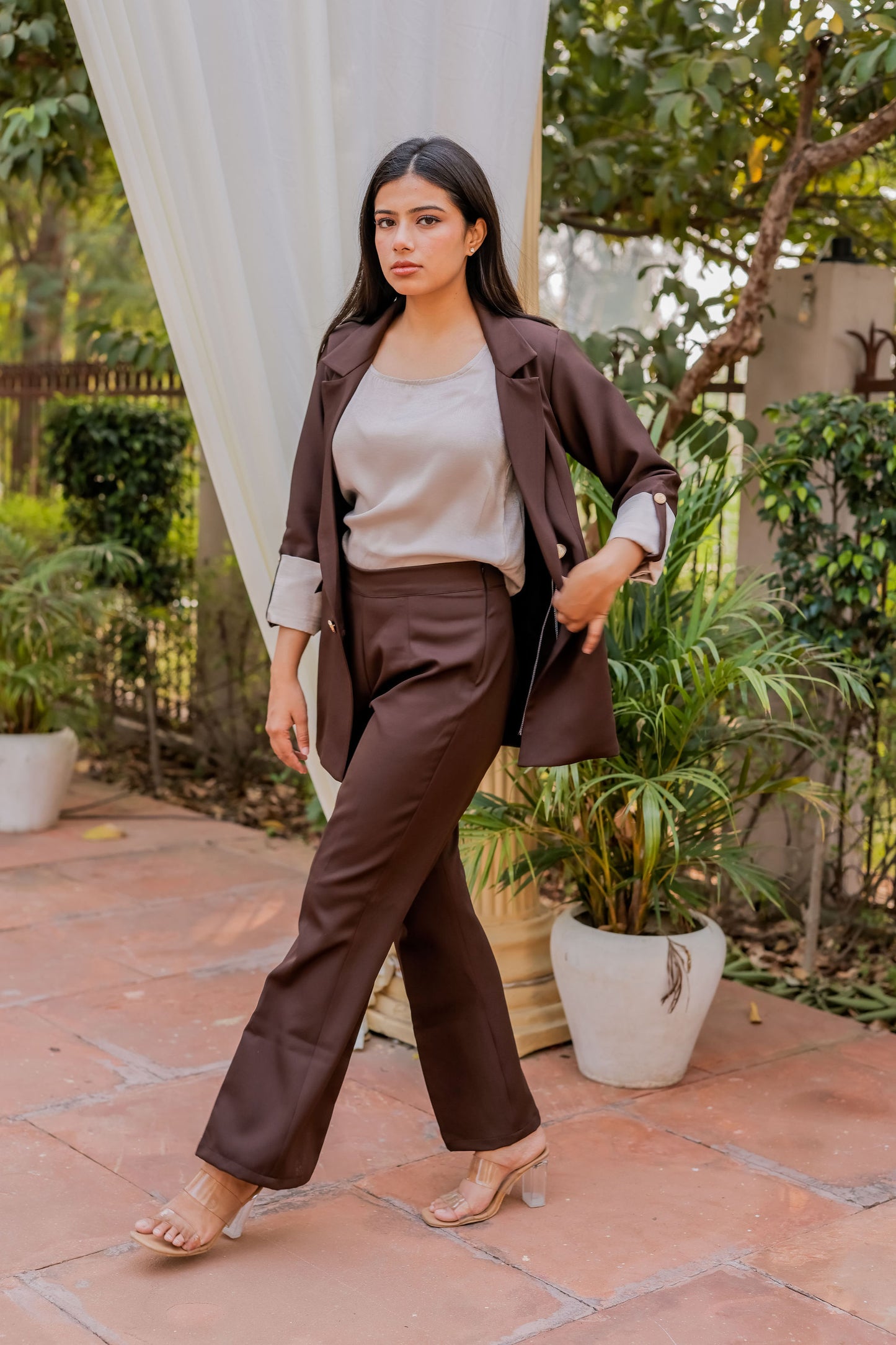 Brown Crepe coat with Cream Satin Detailing on Cuffs and gold butoons EWCT0003-BRNGB