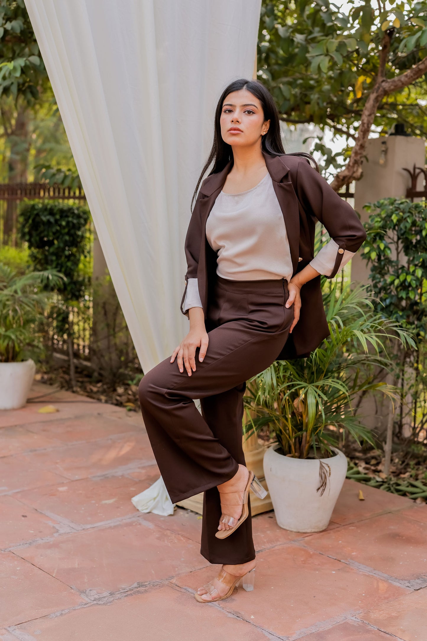 Brown Crepe coat & Pants Co ord set  with Cream Satin Detailing on Cuffs and gold butoons EWCO0028-BRNPT