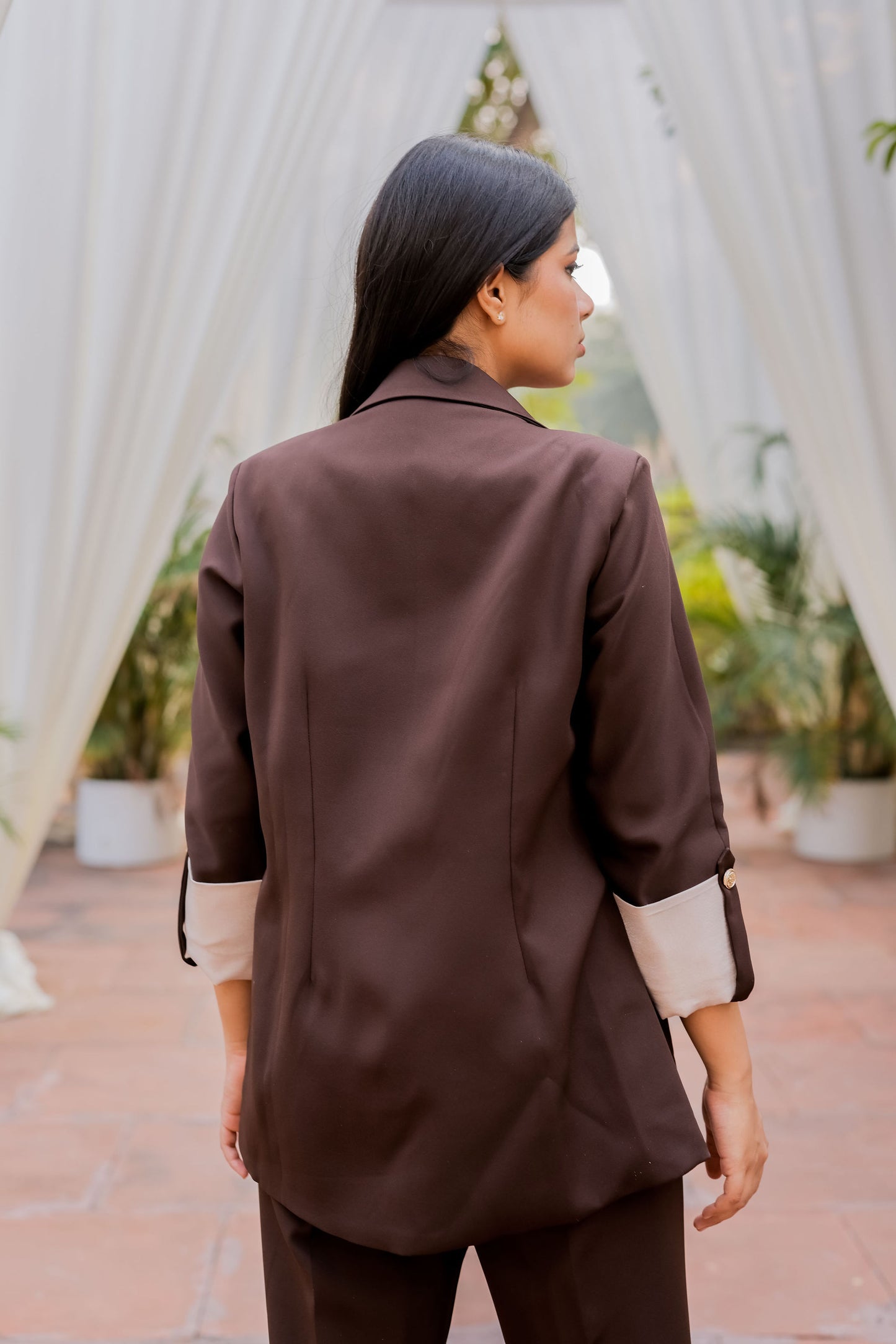 Brown Crepe coat with Cream Satin Detailing on Cuffs and gold butoons EWCT0003-BRNGB